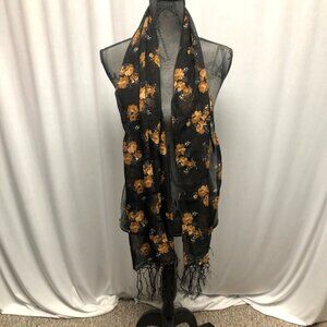 Ucho Bali Black Gold Metallic Floral Scarf Fringe Lightweight Sheer 19.5x63in